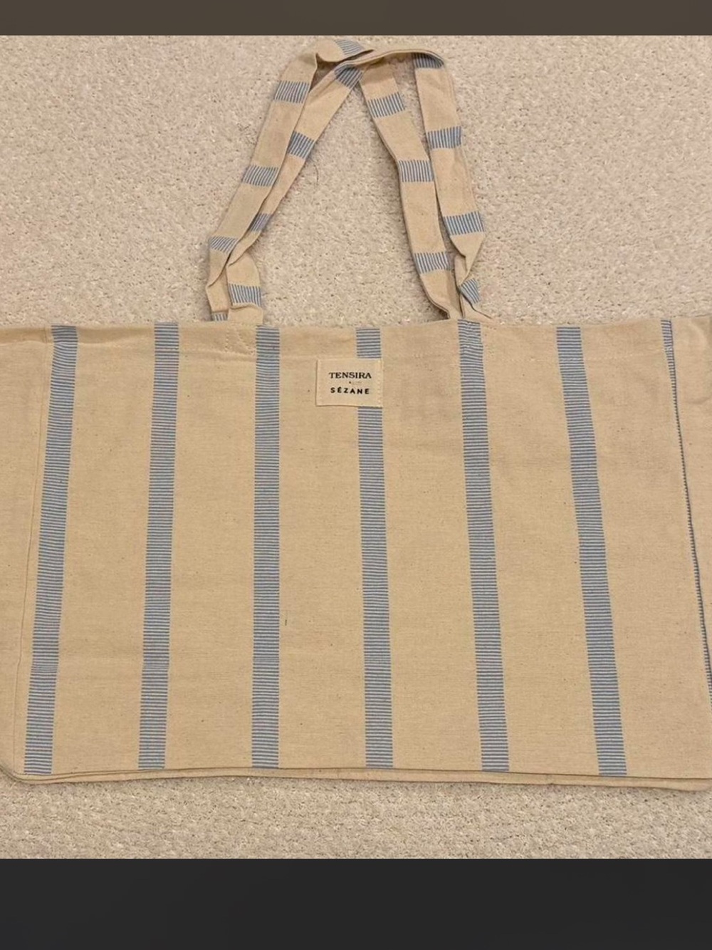 Sézane Striped Canvas Tote in Beige and Light Blue